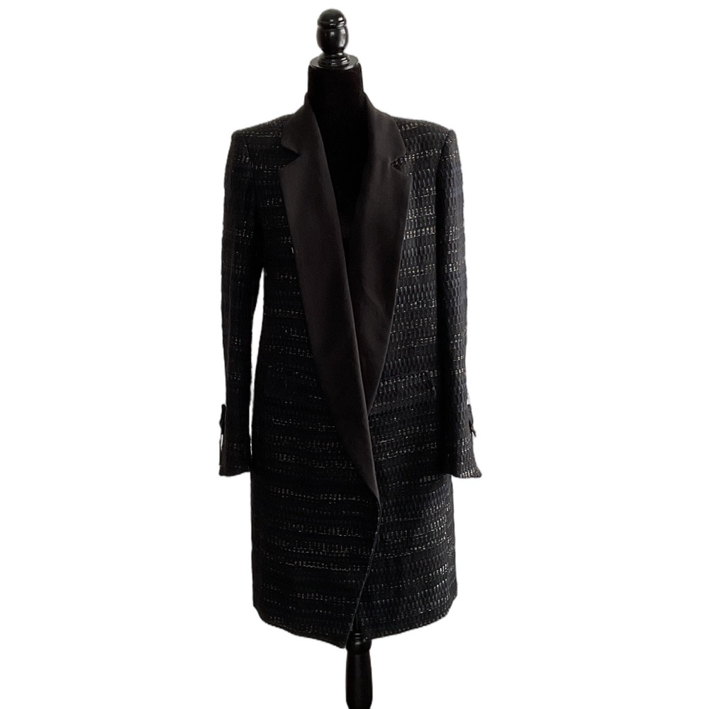 SØSKEN Jacquard Notch Collar Long Jacket Blue Black, size L - Picture 2 of 14